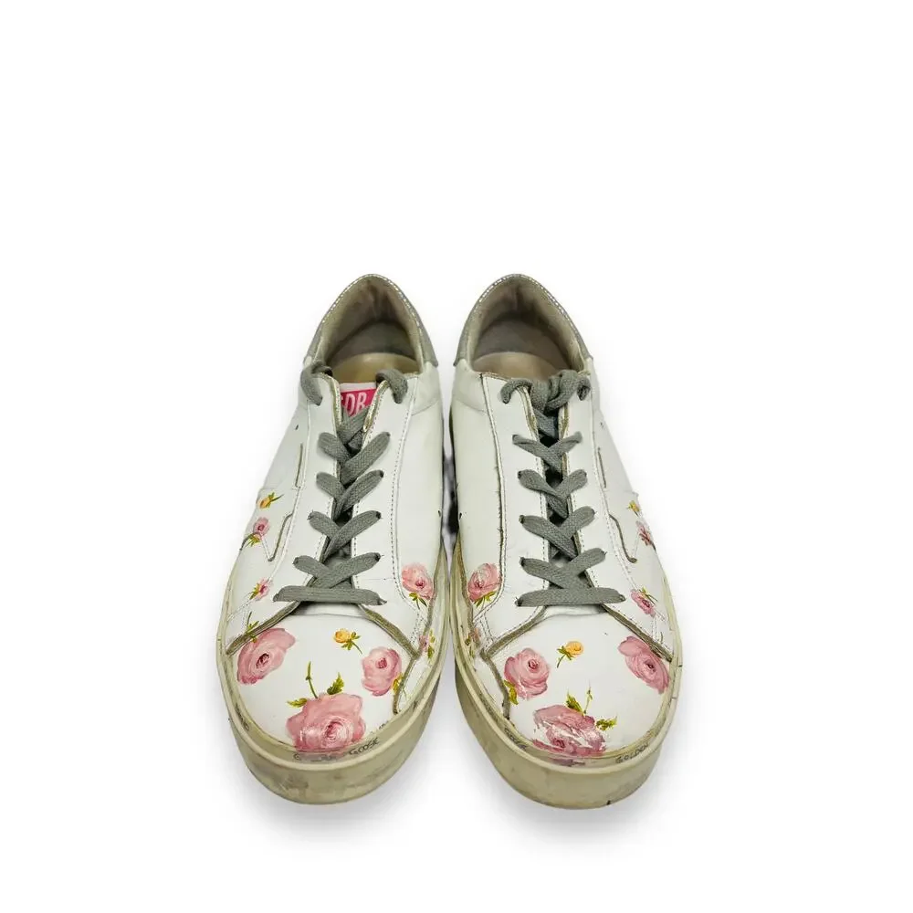GOLDEN GOOSE White Leather Metallic Hi-Star Floral Print Sneakers Size 40 US 10 - Picture 4 of 8